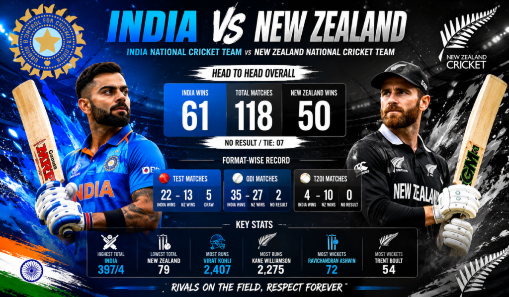 India National Cricket Team vs New Zealand National Cricket Team Stat